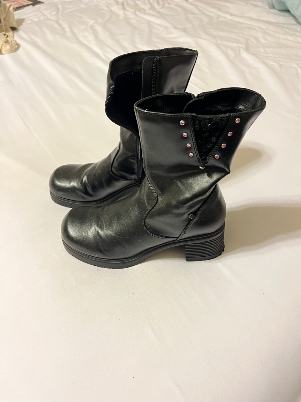 SO Black Mid-Calf Studded Fold-Over Ankle Boots